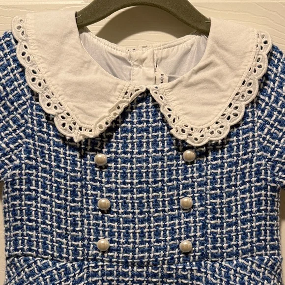 Janie & Jack Blue and White Tweed Dress with Lace Collar - Picture 2 of 7